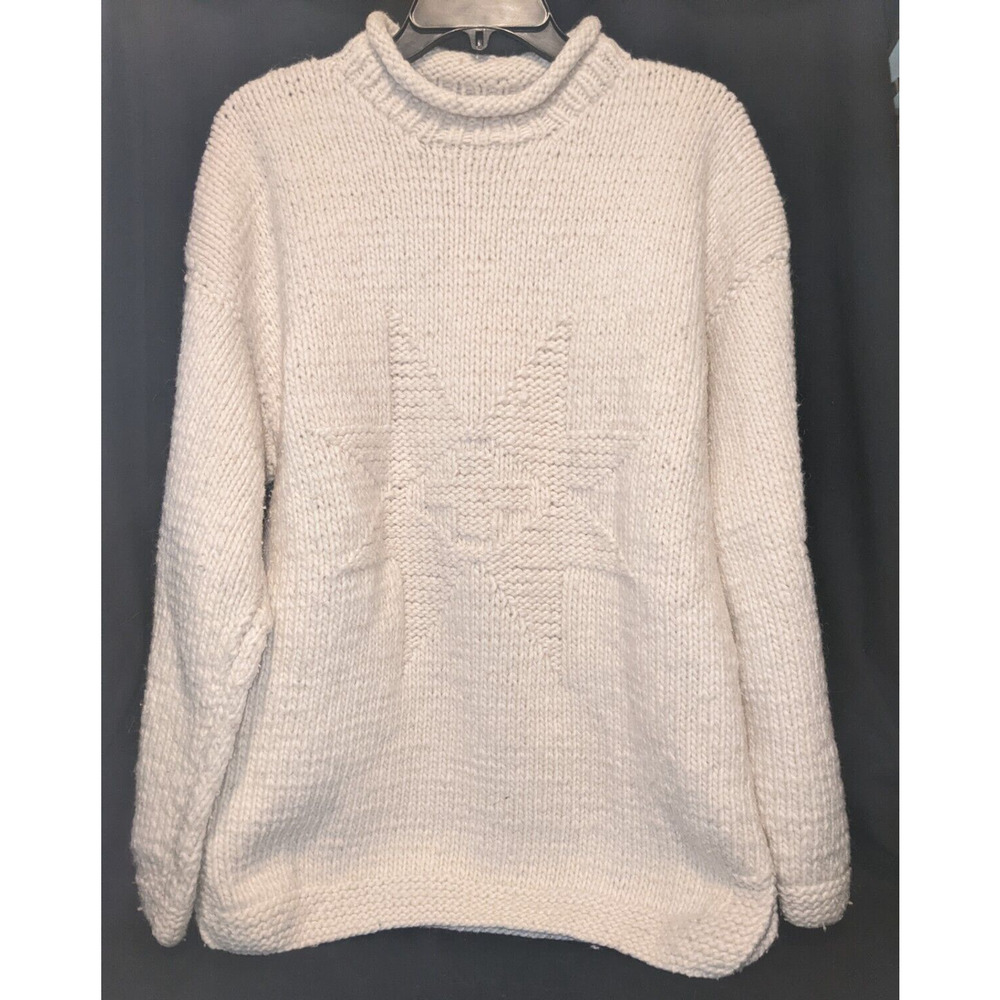Tejidos Vintage Chunky Cable Hand Knit Fisherman Wool Sweater Star Ecuador M L